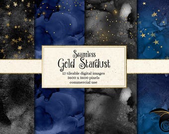 Seamless Gold Stardust with digital paper backgrounds with galaxy watercolor and gold foil star overlays in PNG format for commercial use