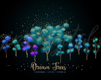 Dream Trees - fantasy tree clipart, magic enchanted forest png clip art, tree clip art, gold star embellishments, digital instant download