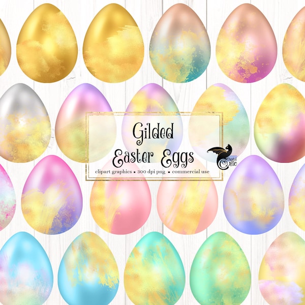 Gilded Easter Eggs Clipart, pastel rainbow and gold eggs instant download for commercial use