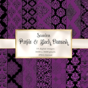 Purple and Black Damask Digital Paper, Gothic Digital Paper, seamless witch Backgrounds Damask printable scrapbook paper