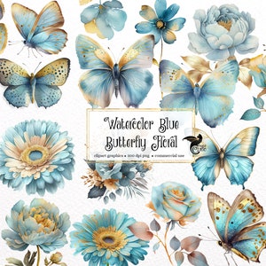 Clipart floral de borboleta azul aquarela - borboletas e flores em formato PNG download instantâneo para uso comercial