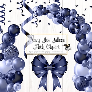 Clipart de arco de balão azul marinho, sobreposições digitais de balão glam png com fitas e confetes download instantâneo para uso comercial