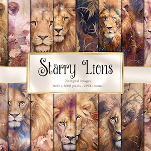Starry Lions Digital Paper, páginas de scrapbook de fantasía de papel digital celestial papel imprimible descarga instantánea