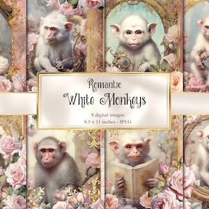 May include: A digital collage of eight images featuring white monkeys in ornate frames surrounded by pink roses. The text "Romantic White Monkeys" is displayed in a gold banner at the bottom of the collage. The images are 8.5 x 11 inches and are in JPEG format.