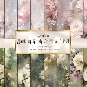 Fantasy Blush und Olive Floral Digital Paper, nahtlose Blumen druckbare Ölfarbe Texturen druckbares Scrapbook Papier