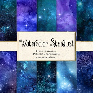 Aquarel Stardust Digital Paper, Starfield Galaxy Night Sky Cosmic Celestial Aquarel Scrapbook Paper Pack Achtergronden texturen