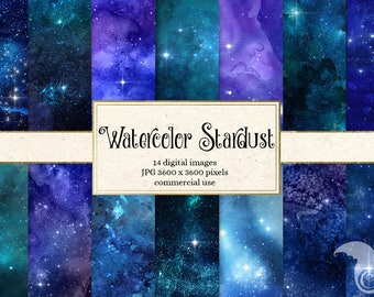 Watercolor Stardust Digital Paper, Starfield Galaxy Night Sky Cosmic Celestial Watercolor Scrapbook Paper Pack Backgrounds textures