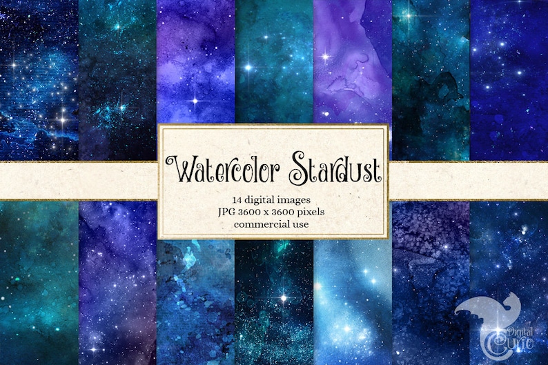 Watercolor Stardust Digital Paper, Starfield Galaxy Night Sky Cosmic Celestial Watercolor Scrapbook Paper Pack Backgrounds textures 