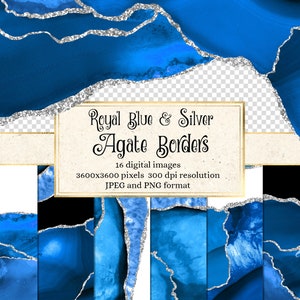 Royal Blau und Silber Achat Bordüren, digitale Aquarell Geode PNG Overlays mit Glitzer für kommerzielle Nutzung Hochzeitseinladung oder Webdesign