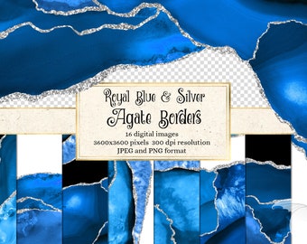 Royal Blue and Silver Agate Borders, digital watercolor geode PNG overlays with glitter for commercial use wedding invitation or web design