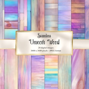 Papel digital Unicorn Wood, fondos pastel de arco iris sin fisuras con papel imprimible de tablones de madera para uso comercial