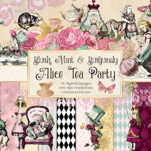 Blush, Mint and Burgundy Alice Tea Party digital scrapbooking kit, Wonderland clipart, blush pink, tea party birthday digital paper