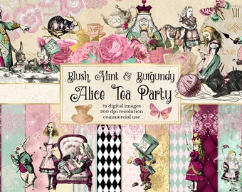 Alice Tea Party Digital Scrapbook Kit, Vintage Clipart (Digital Download)