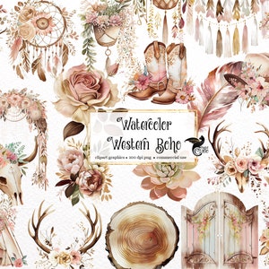 Watercolor Western Boho Clipart - cowgirl floral wedding PNG format instant download for commercial use