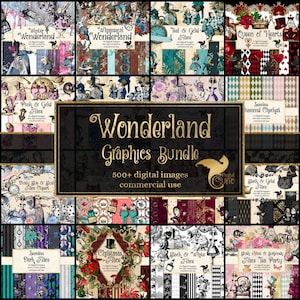 Pacote de gráficos do país das maravilhas, aventuras vintage de Alice, desconto em gráficos de scrapbooking digital, clip art e papel digital