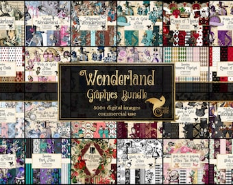 Wonderland Graphics Bundle, Vintage Alice Adventures, digital scrapbooking graphics discount clip art and digital paper