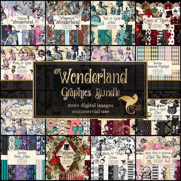 Pakiet grafiki Wonderland, Vintage Alice Adventures, cyfrowa grafika do scrapbookingu ze zniżkami na cliparty i papier cyfrowy