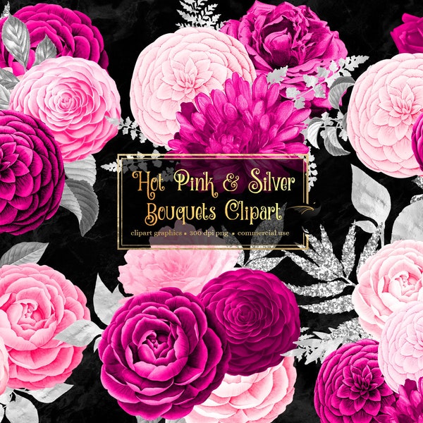 Hot Pink and Silver Floral Bouquets Clipart, digital instant download magenta and silver glitter wedding flower png commercial use