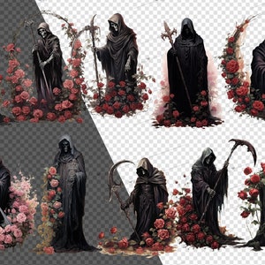 May include: A digital illustration of Death, a skeletal figure in a black robe, standing in a field of red roses. Death is holding a scythe in one hand and a bouquet of roses in the other. The background is a blurred image of a forest.