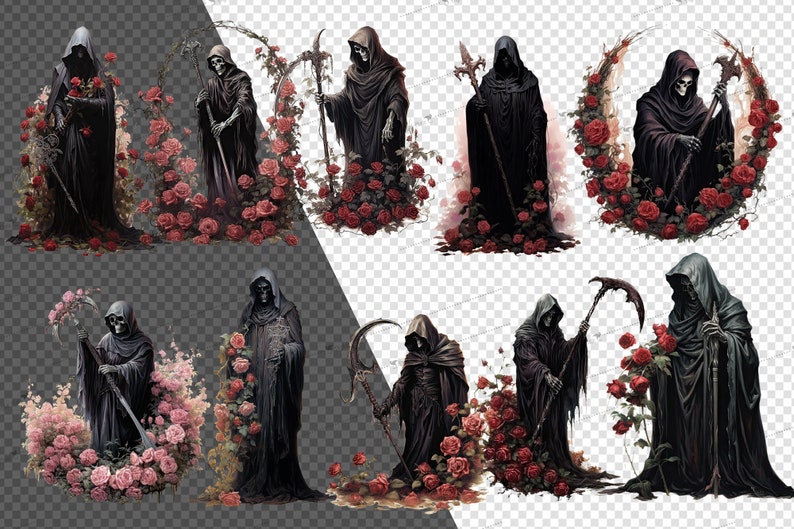 May include: A digital illustration of Death, a skeletal figure in a black robe, standing in a field of red roses. Death is holding a scythe in one hand and a bouquet of roses in the other. The background is a blurred image of a forest.