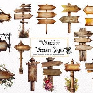 Aquarel houten borden clipart-rustieke houten teken posten in PNG-formaat instant download voor commercieel gebruik