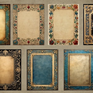 May include: Set of ten vintage-style ornate frames with gold and blue accents. The frames are empty and ready for your own artwork or photos.