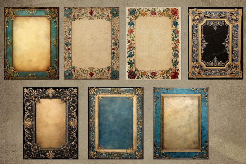 May include: Set of ten vintage-style ornate frames with gold and blue accents. The frames are empty and ready for your own artwork or photos.