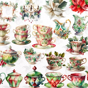 May include: A collection of watercolor illustrations featuring teacups, teapots, sugar bowls, and creamers decorated with holly and berries. The illustrations are in a vintage style with intricate details and a festive Christmas theme.