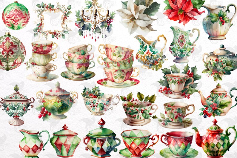 May include: A collection of watercolor illustrations featuring teacups, teapots, sugar bowls, and creamers decorated with holly and berries. The illustrations are in a vintage style with intricate details and a festive Christmas theme.