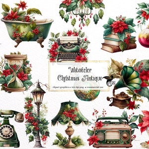 Aquarel Christmas Antique Clipart - vintage antieke cottagecore winter vakantie clip art PNG formaat instant download voor commercieel gebruik