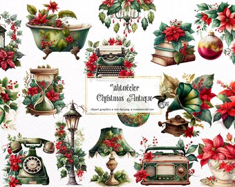 Watercolor Christmas Clipart – Antique Winter Holiday PNG (Digital Download)