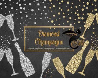 Diamant Champagner Clipart, Glitter funkeln, Neujahrsfeier (Instant Download)