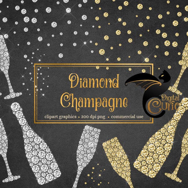 Diamond Champagne Clipart, glitter champagne sparkle new year celebration party, diamond overlay clip art, instant download commercial use