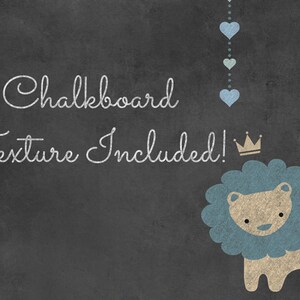 May include: Chalkboard texture included! A blue and brown lion with a gold crown on a black background with a string of blue hearts.