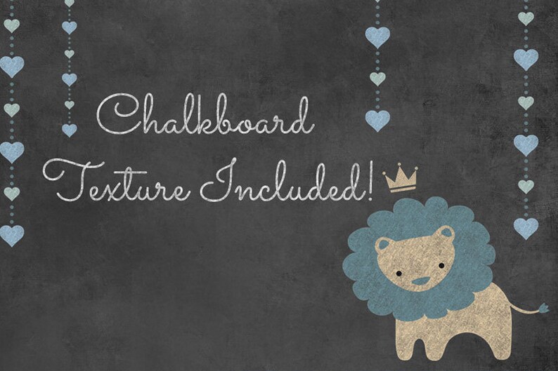 May include: Chalkboard texture included! A blue and brown lion with a gold crown on a black background with a string of blue hearts.