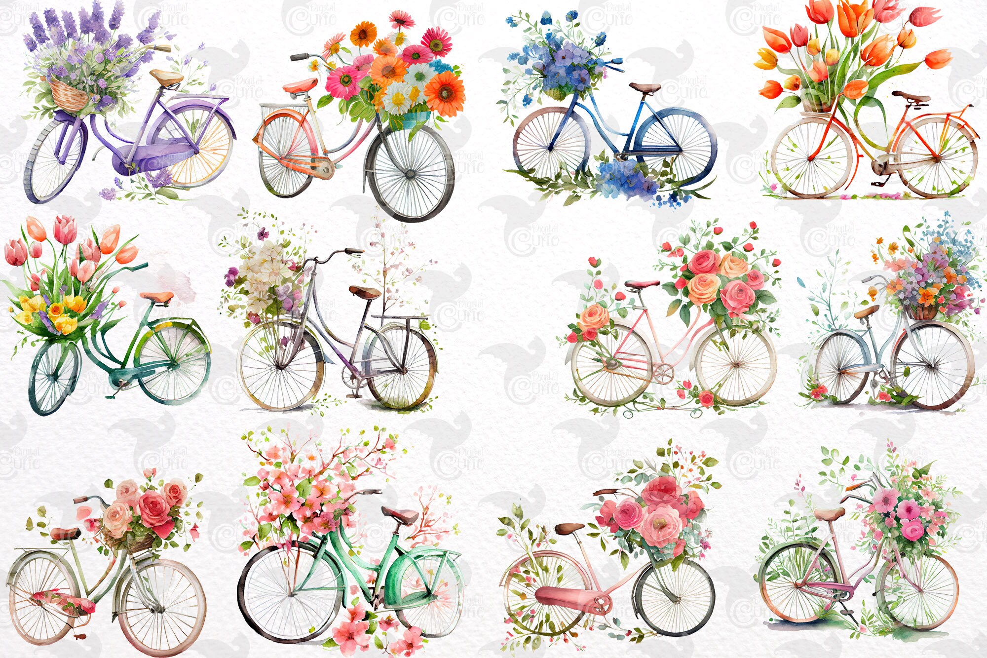 Watercolor Floral Bicycle Clipart - Spring Flowers Watercolor PNG ...