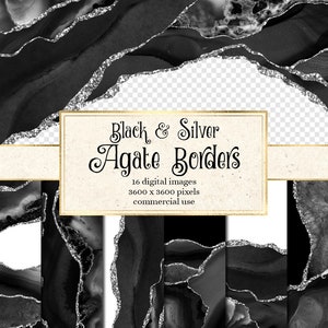 Zwarte en zilveren agaatranden, digitale aquarel geode PNG-overlays met glitters voor commercieel gebruik in huwelijksuitnodiging of webdesign
