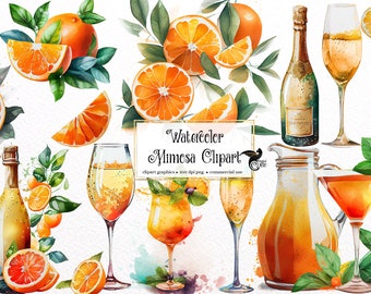 Watercolor Mimosa Clipart - digital png champagne orange cocktail brunch graphics for instant download commercial use