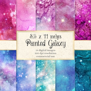 Painted Galaxy Digital Paper, 8/5x11 watercolor starry night backgrounds, printable night sky scrapbook paper, paint watercolour textures