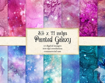 Painted Galaxy Digital Paper, 8/5x11 watercolor starry night backgrounds, printable night sky scrapbook paper, paint watercolour textures