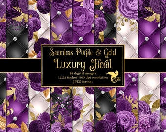 Purple and Gold Luxury Floral Digital Paper - seamless tufted diamond backgrounds instant download for commercial use