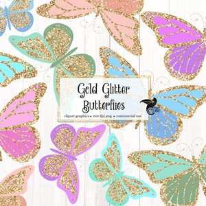 Borboletas com glitter dourado clipart, download instantâneo de borboletas em tons pastéis para uso comercial