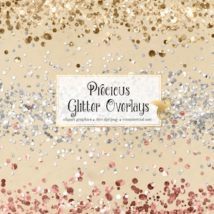 Precious Glitter Overlays - glitter confetti overlays in rose gold and silver PNG format instant download for commercial use