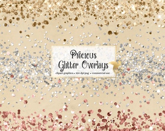 Precious Glitter Overlays - glitter confetti overlays in rose gold and silver PNG format instant download for commercial use