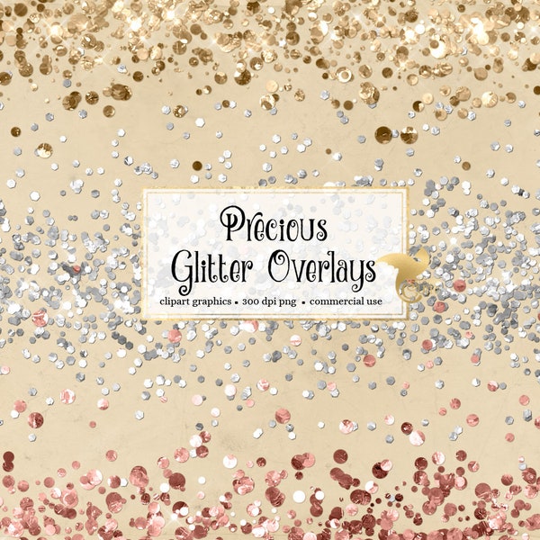 Precious Glitter Overlays - glitter confetti overlays in rose gold and silver PNG format instant download for commercial use