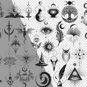 May include: A collection of black and white mystical illustrations featuring celestial and occult symbols. Designs include an eye, a cat, a cauldron, a tree of life, crystals, a skull, a dragon, a feather, an owl, and a witch's hat.