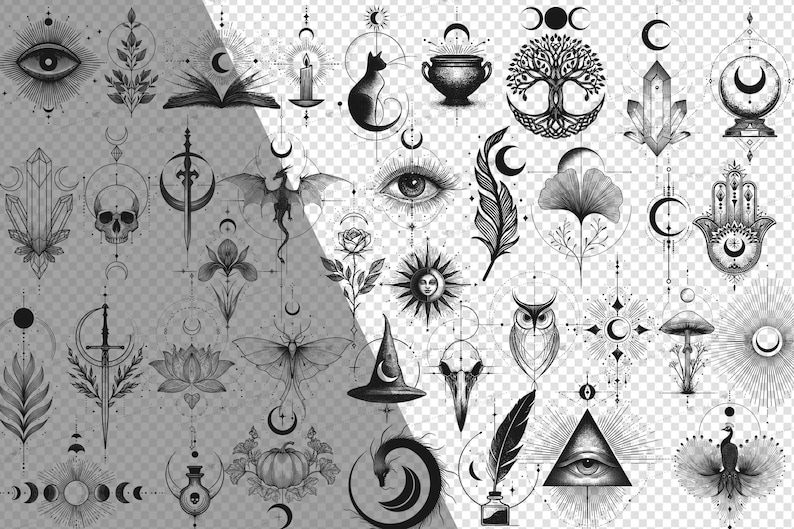 May include: A collection of black and white mystical illustrations featuring celestial and occult symbols. Designs include an eye, a cat, a cauldron, a tree of life, crystals, a skull, a dragon, a feather, an owl, and a witch's hat.