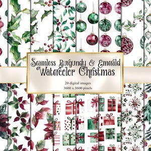 Carta digitale natalizia color bordeaux e smeraldo per acquerello - carta per scrapbooking stampabile con texture acquerello senza soluzione di continuità per uso commerciale