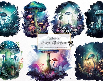 Watercolor Magic Mushrooms Clipart - dark fantasy watercolor witch fairy PNG format instant download for commercial use