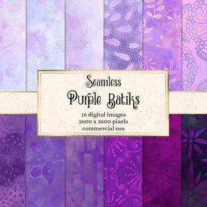 Puede incluir: Un conjunto de 16 patrones de batik morado sin costuras digitales. Los patrones presentan varios diseños florales y geométricos. El texto "Seamless Purple Batiks" se muestra en una fuente decorativa. El texto "16 imágenes digitales 3600 x 3600 píxeles uso comercial" también se muestra.